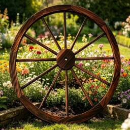 NESTLUNE Large 90cm Wooden Garden Cart Wagon Wheel Rustic in Brown - Size: 100 cm x 15 cm - thumbnail 6