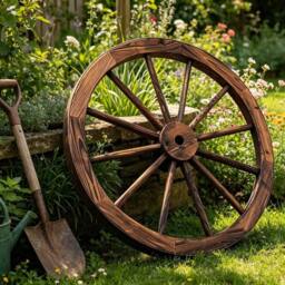 NESTLUNE Large 90cm Wooden Garden Cart Wagon Wheel Rustic in Brown - Size: 100 cm x 15 cm - thumbnail 4
