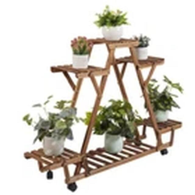 EONLION Indoor Outdoor Wooden 6-Pot Movable Plant Display Stand in Brown - image 1