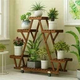 EONLION Indoor Outdoor Wooden 6-Pot Movable Plant Display Stand in Brown - thumbnail 2
