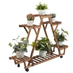 EONLION Indoor Outdoor Wooden 6-Pot Movable Plant Display Stand in Brown - thumbnail 1