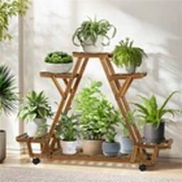 EONLION Indoor Outdoor Wooden 6-Pot Movable Plant Display Stand in Brown - thumbnail 4