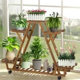 EONLION Indoor Outdoor Wooden 6-Pot Movable Plant Display Stand in Brown - thumbnail 3