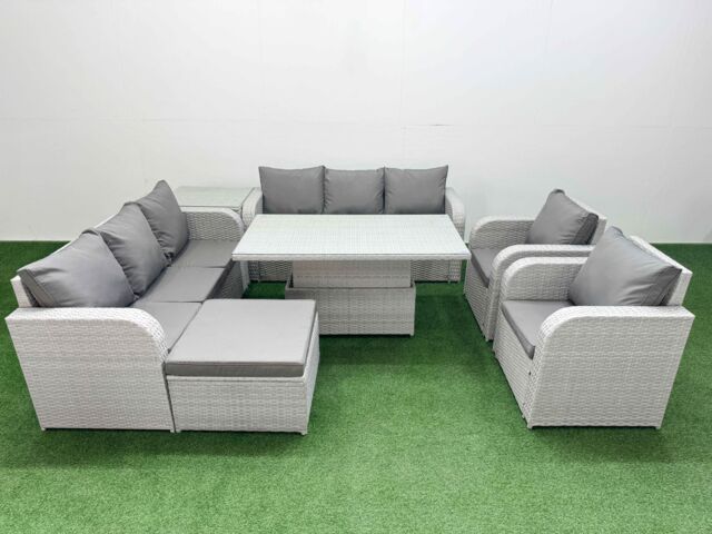 Fimous PE Rattan High Back Lounge Sofa Set Patio Adjustable Lifting Dining or Coffee Table & Chairs Set w/ 3 Seater Sofa Reclining Chair Big - image 1
