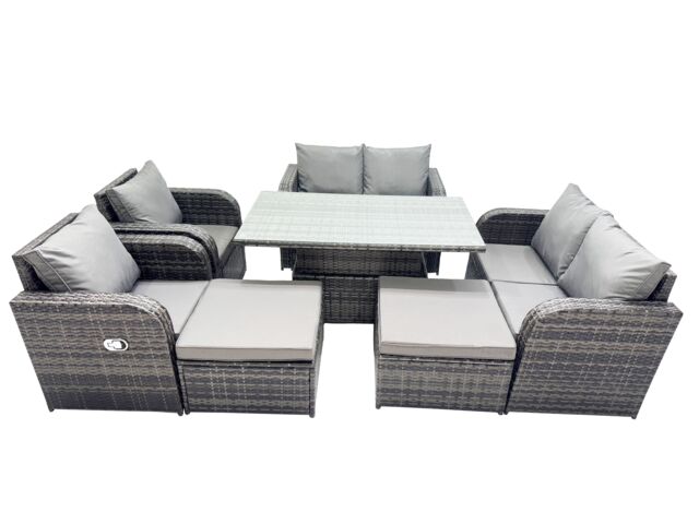 Fimous 8-seater Rattan Garden Furniture Dining Set with 2 Big Footstool in Dark Grey - image 1