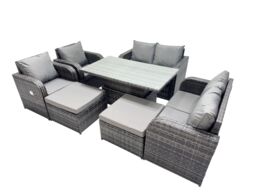 Fimous 8-seater Rattan Garden Furniture Dining Set with 2 Big Footstool in Dark Grey - thumbnail 2