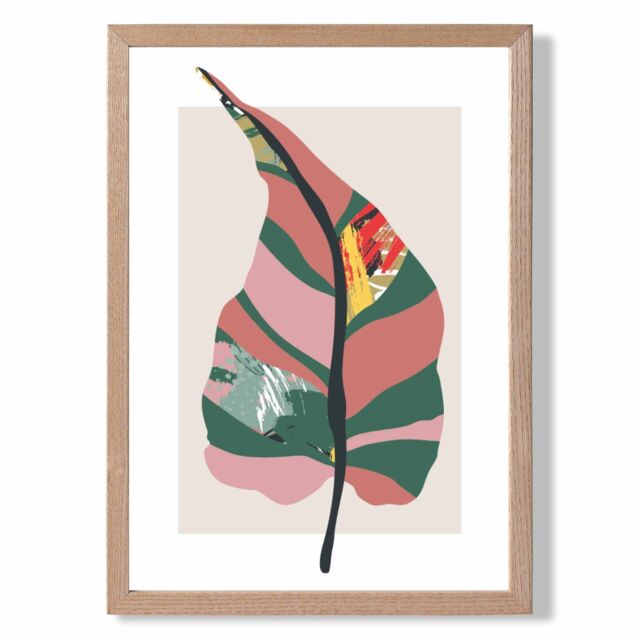 ARTZE Tropical Plant Green & Red Minamilist Framed Print SIZE: A3 with Oak Frame - Size: A2 - image 1