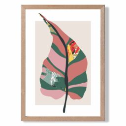 ARTZE Tropical Plant Green & Red Minamilist Framed Print SIZE: A3 with Oak Frame - Size: A2 - thumbnail 1