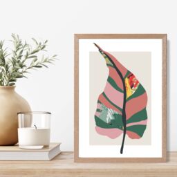 ARTZE Tropical Plant Green & Red Minamilist Framed Print SIZE: A3 with Oak Frame - Size: A2 - thumbnail 2