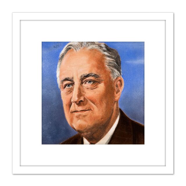 Artery8 Timym Portrait US President Franklin Roosevelt Painting 8X8 Inch Square Wooden Framed Wall Art Print Picture with Mount in White - image 1