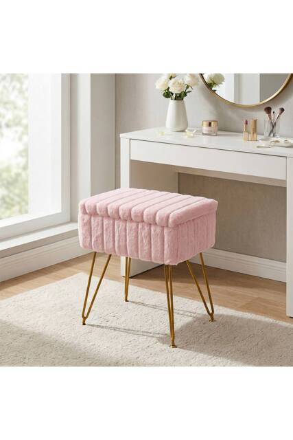 Living and Home Modern Upholstered Storage Ottoman Vanity Stool in Pink - image 1
