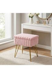 Living and Home Modern Upholstered Storage Ottoman Vanity Stool in Pink - thumbnail 1