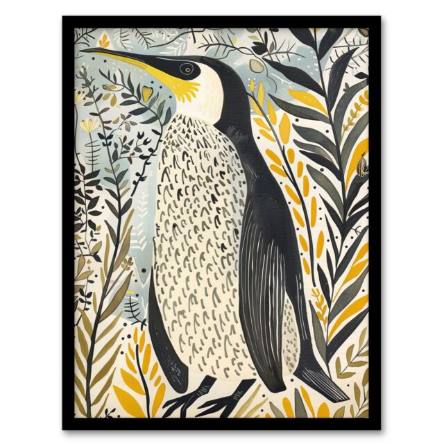 "Artery8 Rustic Penguin Quirky Botanical Animal Portrait Framed Art Print in Yellow - Size: W12"" x H16""" - image 1