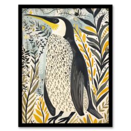 "Artery8 Rustic Penguin Quirky Botanical Animal Portrait Framed Art Print in Yellow - Size: W12"" x H16""" - thumbnail 1