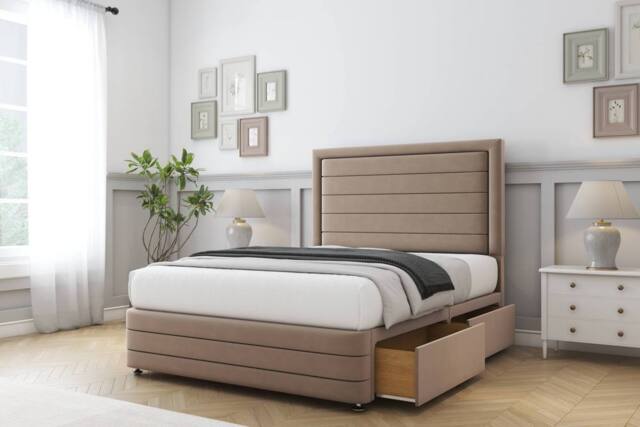 "Comfort Beds Anna Plush Divan Base 2 Drawers - 26"" Headboard-Footboard in Taupe - Size: Double" - image 1