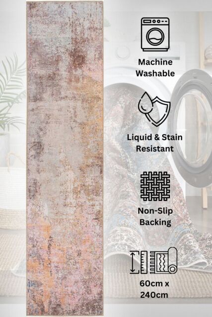 Kukoon Washable Runner Rug Beige Metallic Long Hallway Carpet Mat 60cm x 240cm in Light Pink - Size: 60 cm x 240 cm - image 1