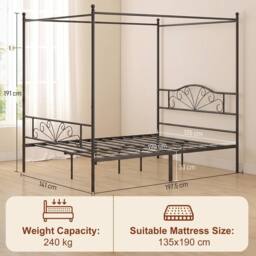 HOMCOM Canopy Bed Frame Double Size, Metal Platform Bed Frame, Black - thumbnail 3