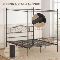 HOMCOM Canopy Bed Frame Double Size, Metal Platform Bed Frame, Black - thumbnail 6