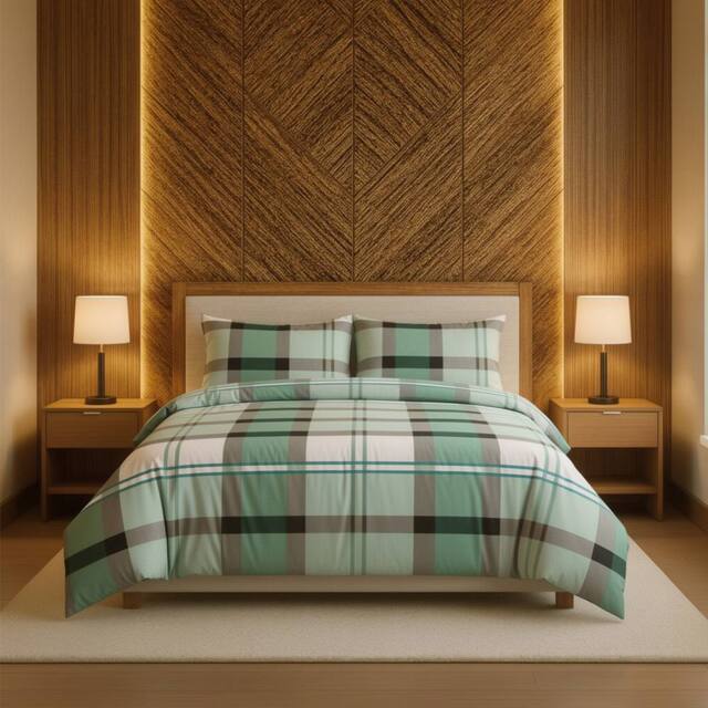 Snug City Duvet Cover & Pillowcase Set Tartan Check Design Polycotton Linen in Green - Size: Single - image 1