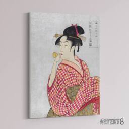 "Artery8 Woman With Glass Pipe Portrait Canvas Wall Art Print Kitagawa in Pink - Size: W18"" x H24""" - thumbnail 2