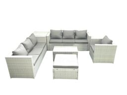 Fimous Wicker PE Rattan Sofa Garden Furniture Set with Armchair Oblong Coffee Table Big Footstool Side Table Light Grey Mixed - thumbnail 1