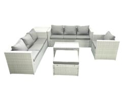 Fimous Wicker PE Rattan Sofa Garden Furniture Set with Armchair Oblong Coffee Table Big Footstool Side Table Light Grey Mixed - thumbnail 2