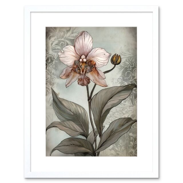 "Artery8 Wall Art Print Art Nouveau Pink Orchid Bloom Flower Watercolour Artwork Framed 9X7 Inch in White - Size: W7"" x H9""" - image 1