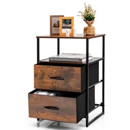 Costway Industrial 2-Drawer Storage Cabinet Dresser Organizer Removable Fabric Drawers in Brown
