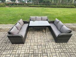 Fimous Patio Rattan Garden Furniture Set with Oblong Rectangular Dining Table 9 Seater Outdoor Lounge Sofa Set Dark Grey Mixed - thumbnail 1