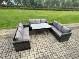 Fimous Patio Rattan Garden Furniture Set with Oblong Rectangular Dining Table 9 Seater Outdoor Lounge Sofa Set Dark Grey Mixed - thumbnail 2