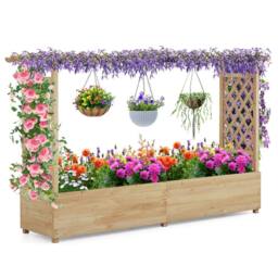 Costway 2M Raised Garden Bed Fir Wood Climbing Planter Box w/ 2-Sided Trellis in Natural - thumbnail 1