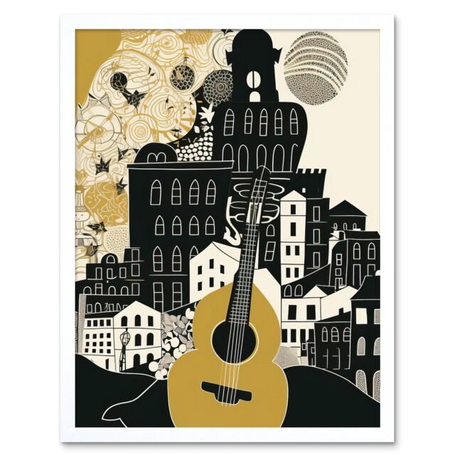 "Artery8 Wall Art Print Edinburgh Cityscape Fringe Festival Guitar Linocut Art Framed in White - Size: W12"" x H16""" - image 1