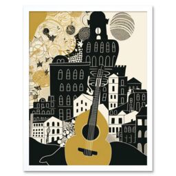 "Artery8 Wall Art Print Edinburgh Cityscape Fringe Festival Guitar Linocut Art Framed in White - Size: W12"" x H16""" - thumbnail 1