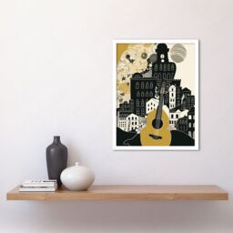 "Artery8 Wall Art Print Edinburgh Cityscape Fringe Festival Guitar Linocut Art Framed in White - Size: W12"" x H16""" - thumbnail 2