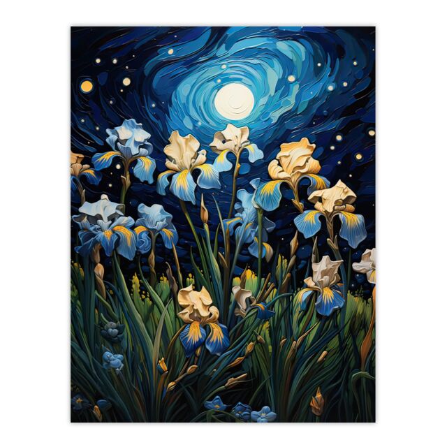 "Artery8 Wall Art Print Ethereal Iris Flower Meadow Blooms Moonlight Poster Picture in Blue - Size: W18"" x H24""" - image 1