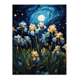 "Artery8 Wall Art Print Ethereal Iris Flower Meadow Blooms Moonlight Poster Picture in Blue - Size: W18"" x H24""" - thumbnail 1