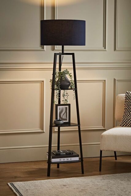 ValueLights Hiru Black 3 Tier Wooden Shelf Floor Lamp with Large Drum Shade in Navy - image 1