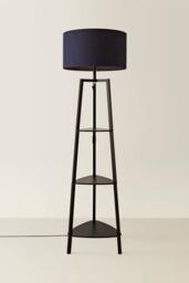 ValueLights Hiru Black 3 Tier Wooden Shelf Floor Lamp with Large Drum Shade in Navy - thumbnail 3