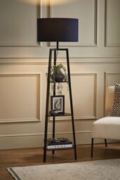 ValueLights Hiru Black 3 Tier Wooden Shelf Floor Lamp with Large Drum Shade in Navy - thumbnail 1