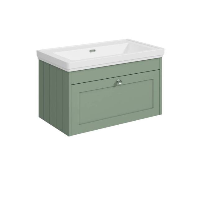 Balterley 800mm Wall Hung 1 Drawer Unit & Classic Basin No Tap Hole, Satin Green