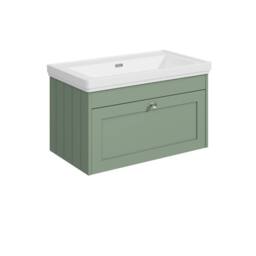 Balterley 800mm Wall Hung 1 Drawer Unit & Classic Basin No Tap Hole, Satin Green - thumbnail 1