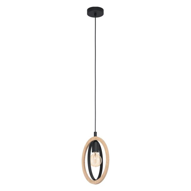 Loops Hanging Ceiling Pendant Light Black & Wood Hoop Shade 1 x 40W E27 Bulb - image 1