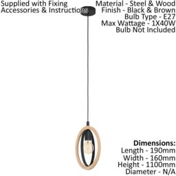 Loops Hanging Ceiling Pendant Light Black & Wood Hoop Shade 1 x 40W E27 Bulb - thumbnail 2