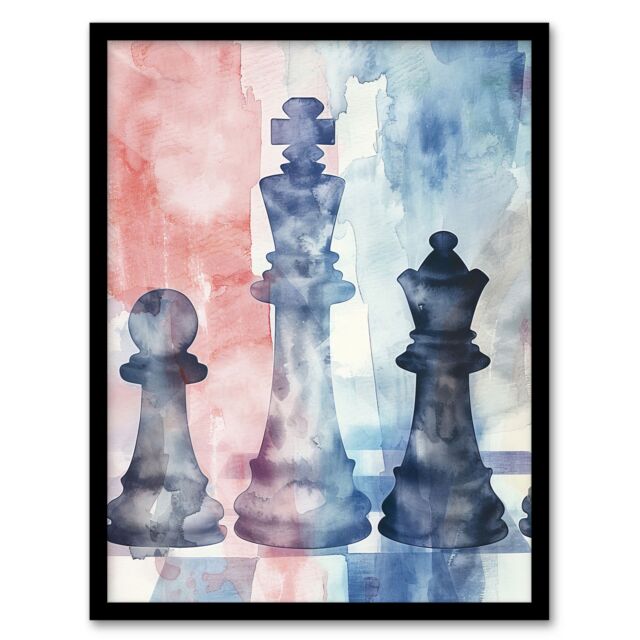 "Artery8 Chess Piece Chessboard Abstract Light Watercolour Framed Art Print - Size: W12"" x H16""" - image 1