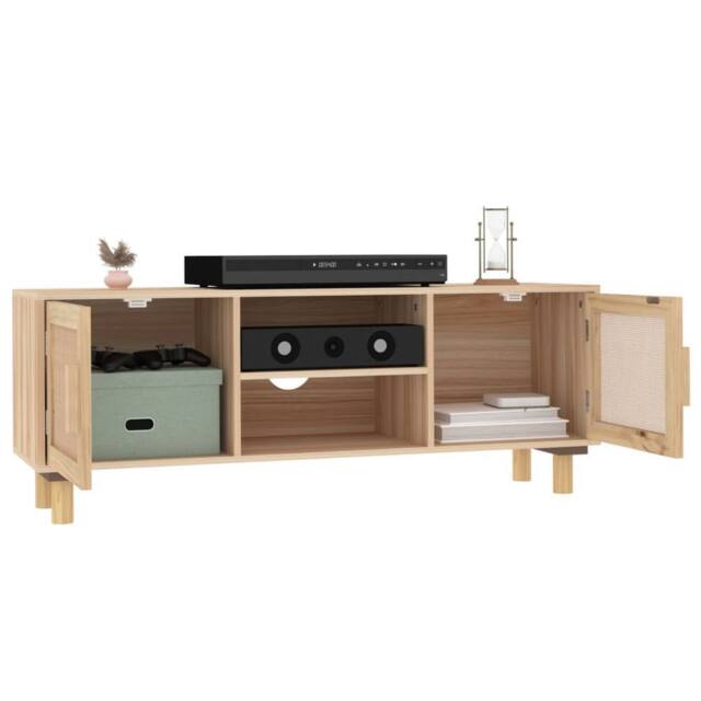 Berkfield Home TV Cabinet Brown 105x30x40 cm Solid Wood Pine&Natural Rattan in Light Tan - Size: 105 x 30 x 40 cm - image 1