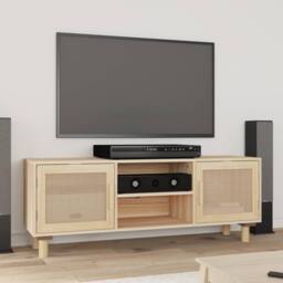 Berkfield Home TV Cabinet Brown 105x30x40 cm Solid Wood Pine&Natural Rattan in Light Tan - Size: 105 x 30 x 40 cm - thumbnail 2