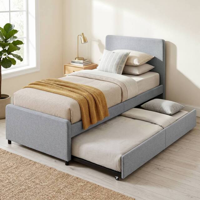 HOMCOM 90 x 190 cm Upholstered Single Bed, Pull Out Trundle Bed in Light Grey - image 1
