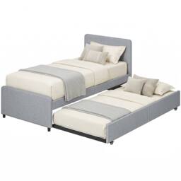 HOMCOM 90 x 190 cm Upholstered Single Bed, Pull Out Trundle Bed in Light Grey - thumbnail 2