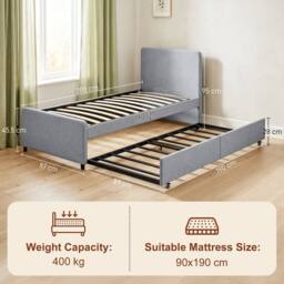 HOMCOM 90 x 190 cm Upholstered Single Bed, Pull Out Trundle Bed in Light Grey - thumbnail 3