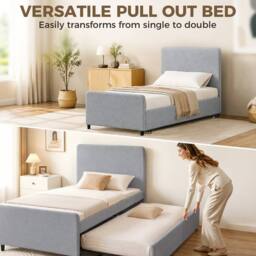 HOMCOM 90 x 190 cm Upholstered Single Bed, Pull Out Trundle Bed in Light Grey - thumbnail 4